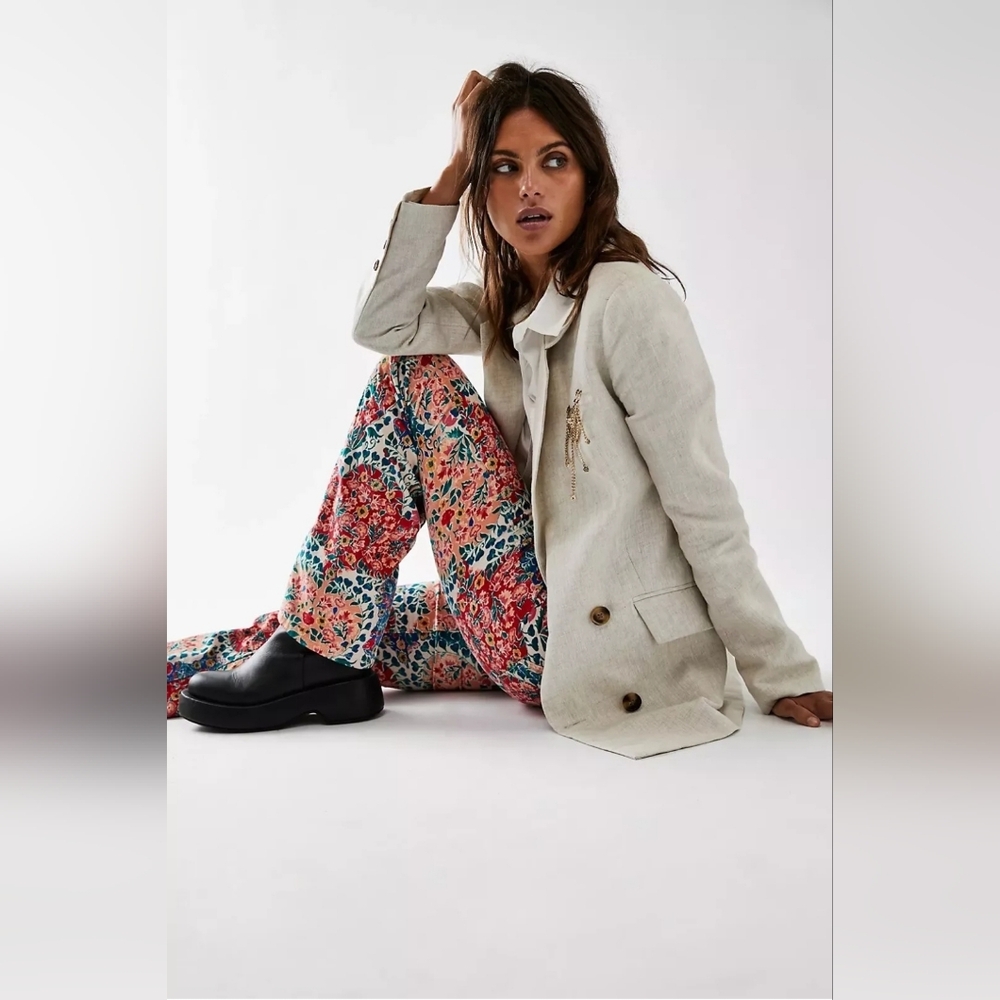 Free People Coral & Blue Floral Bootcut Flare Pants - Picture 3 of 7